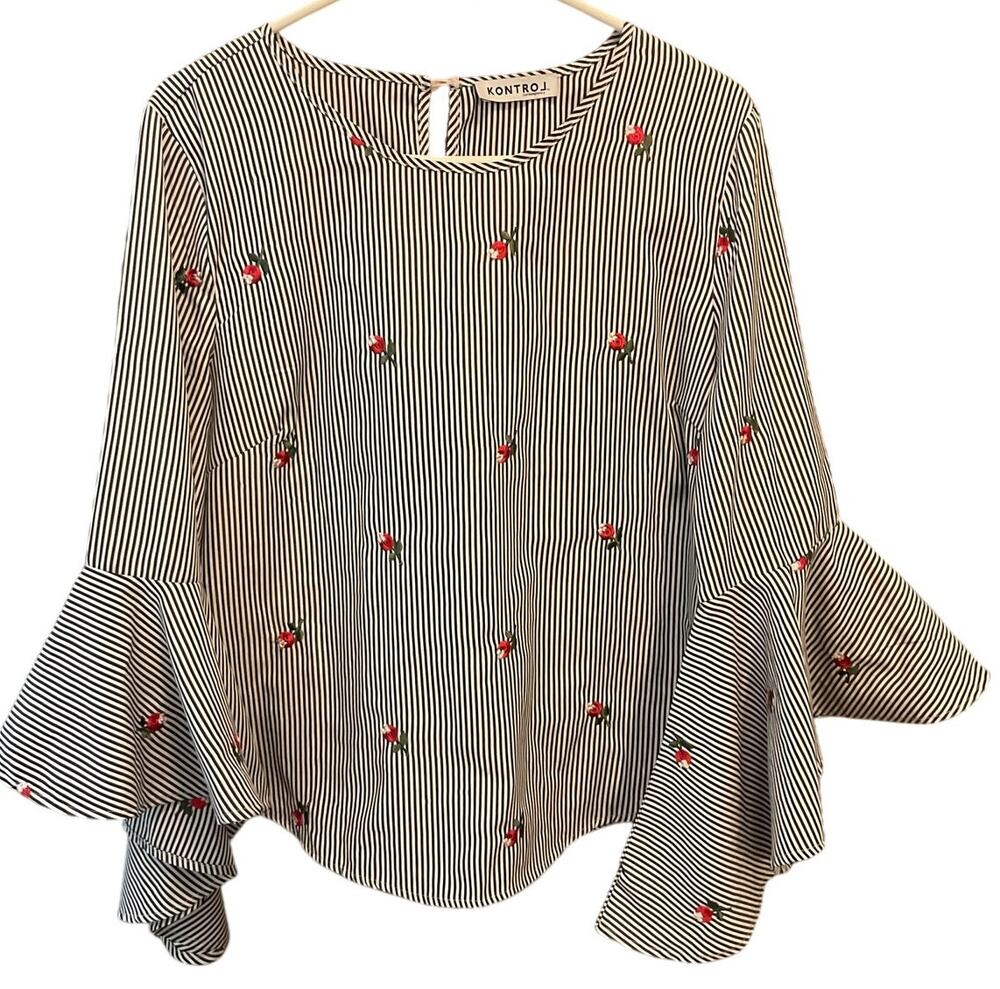 NEW Kontrol Womens Rose Embroidered Bell Sleeve Top Blouse Sz L Blue Stripe
